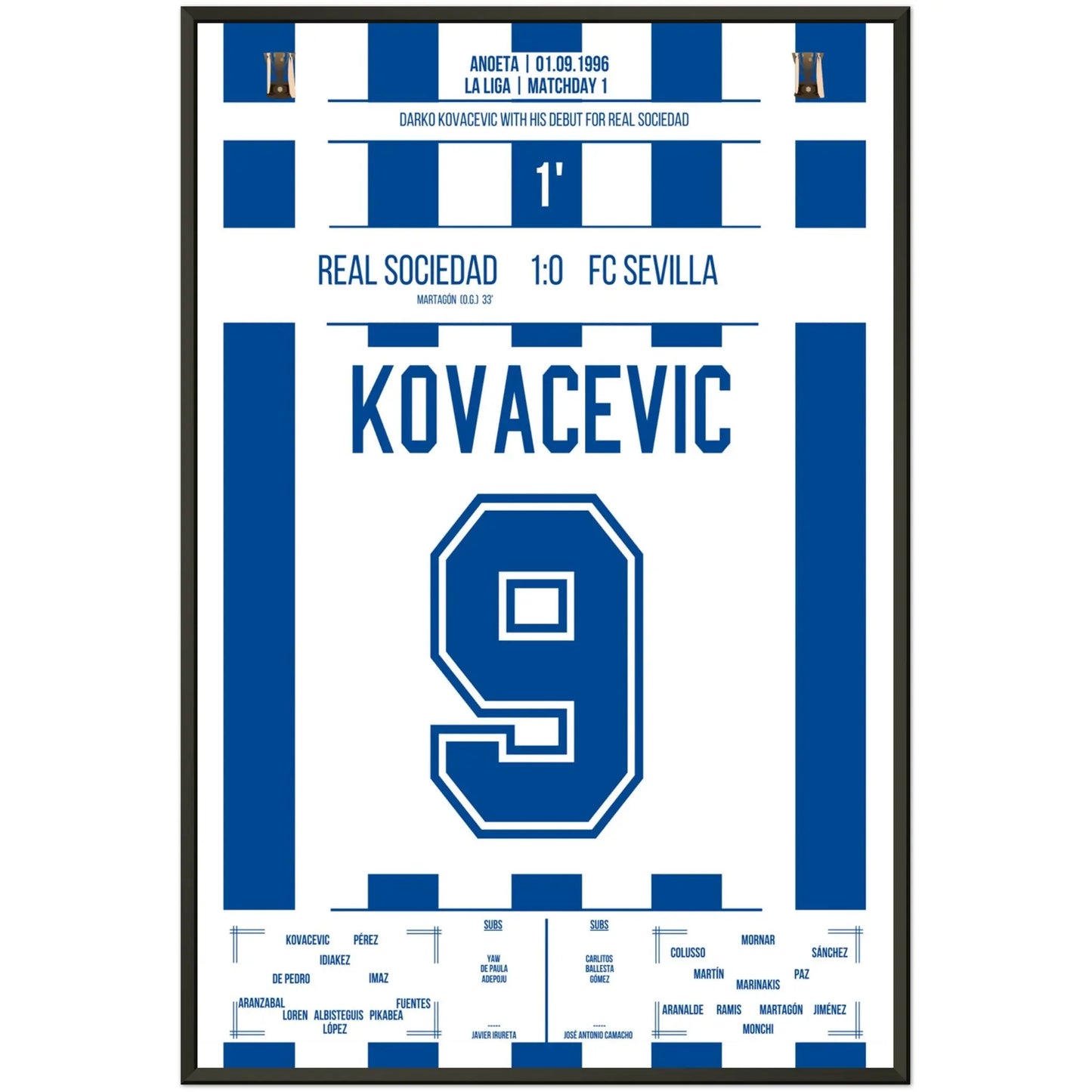 Debüt von Darko Kovacevic für Real Sociedad in 1996 60x90-cm-24x36-Schwarzer-Aluminiumrahmen