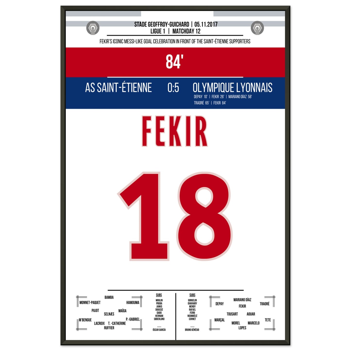 Fekir's Torjubel gegen Saint-Etienne in 2017 60x90-cm-24x36-Schwarzer-Aluminiumrahmen
