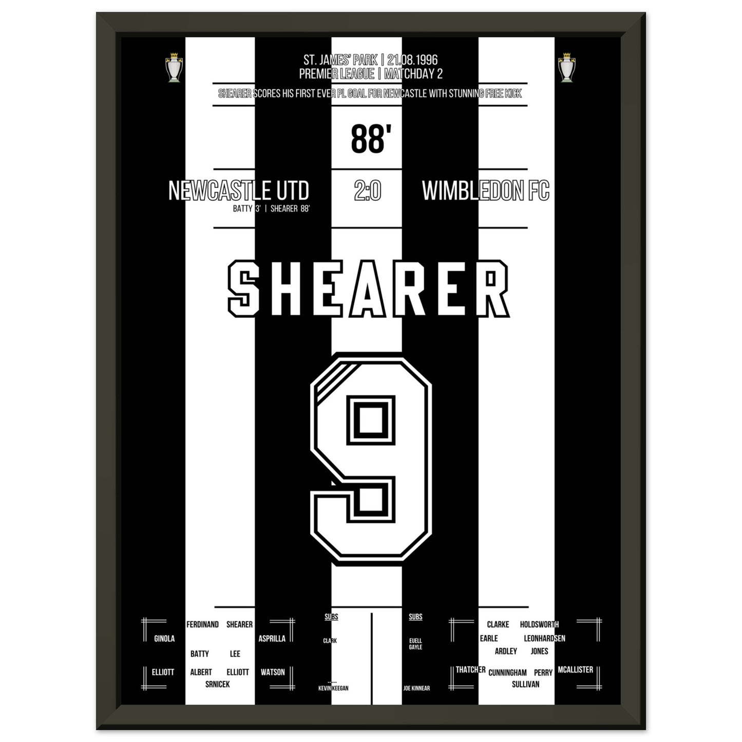 Shearer's erstes PL-Tor vor Newcastle 30x40-cm-12x16-Schwarzer-Aluminiumrahmen