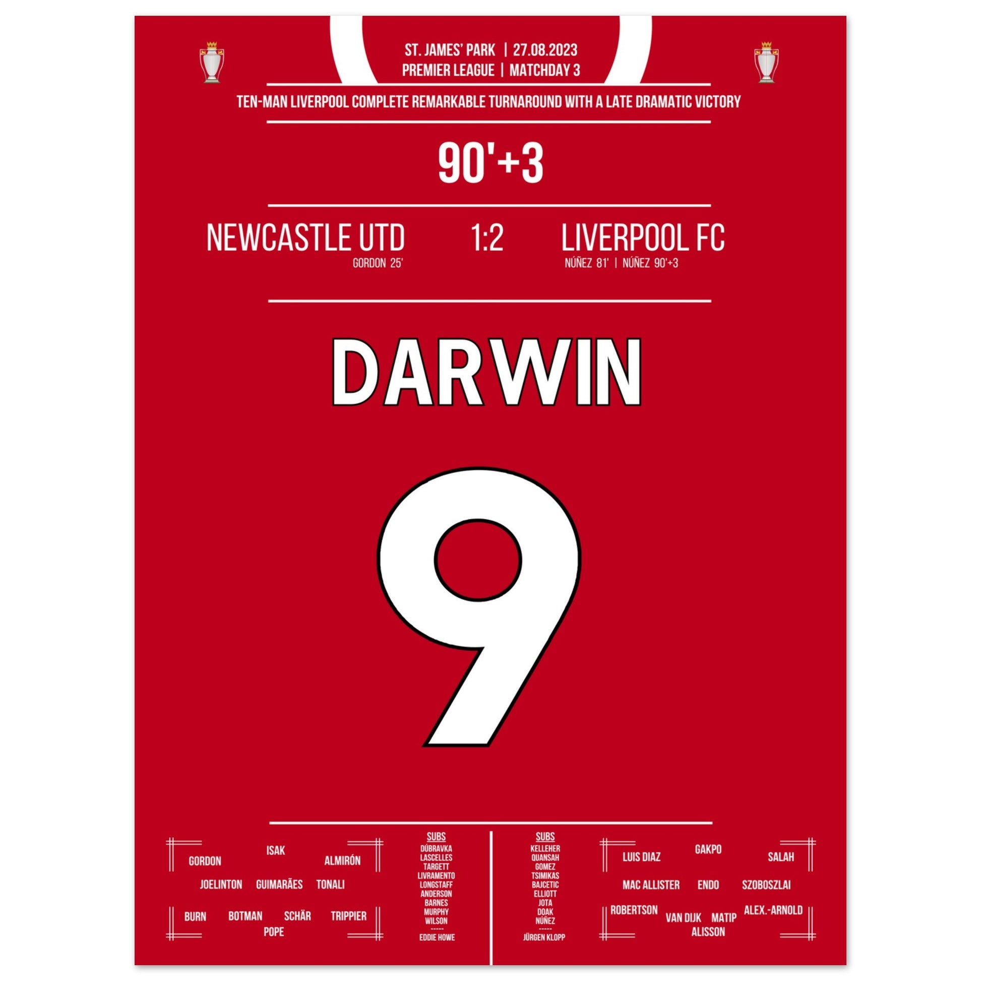 Darwin Nunez' später Doppelpack zum Sieg bei Newcastle 2023 45x60-cm-18x24-Ohne-Rahmen