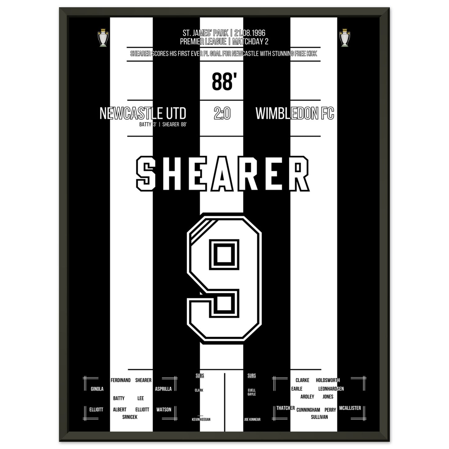 Shearer's erstes PL-Tor vor Newcastle 45x60-cm-18x24-Schwarzer-Aluminiumrahmen