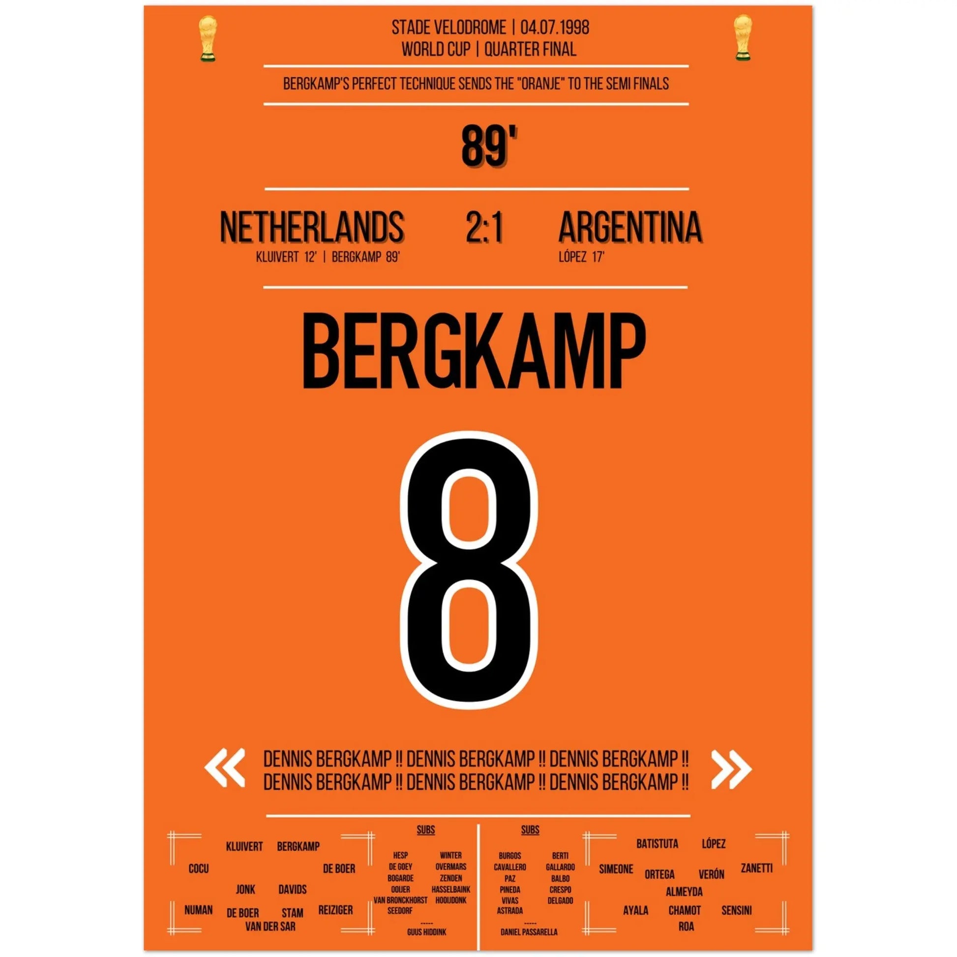 Dennis Bergkamp Traumtor bei der WM 1998 im Viertelfinale Niederlande - Argentinien 