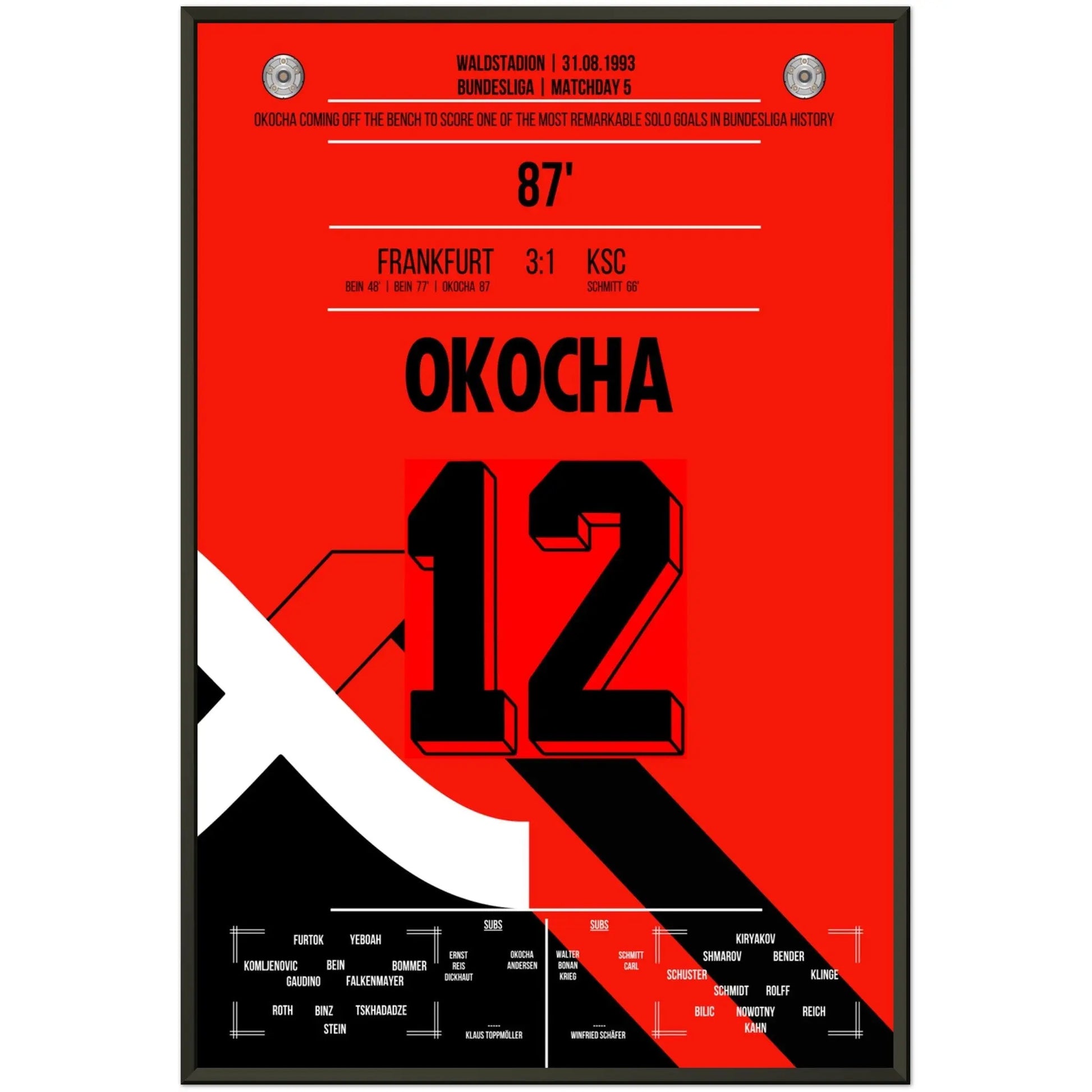 Jay Jay Okocha's Solo-Tor gegen die KSC-Defensive in 1993 60x90-cm-24x36-Schwarzer-Aluminiumrahmen