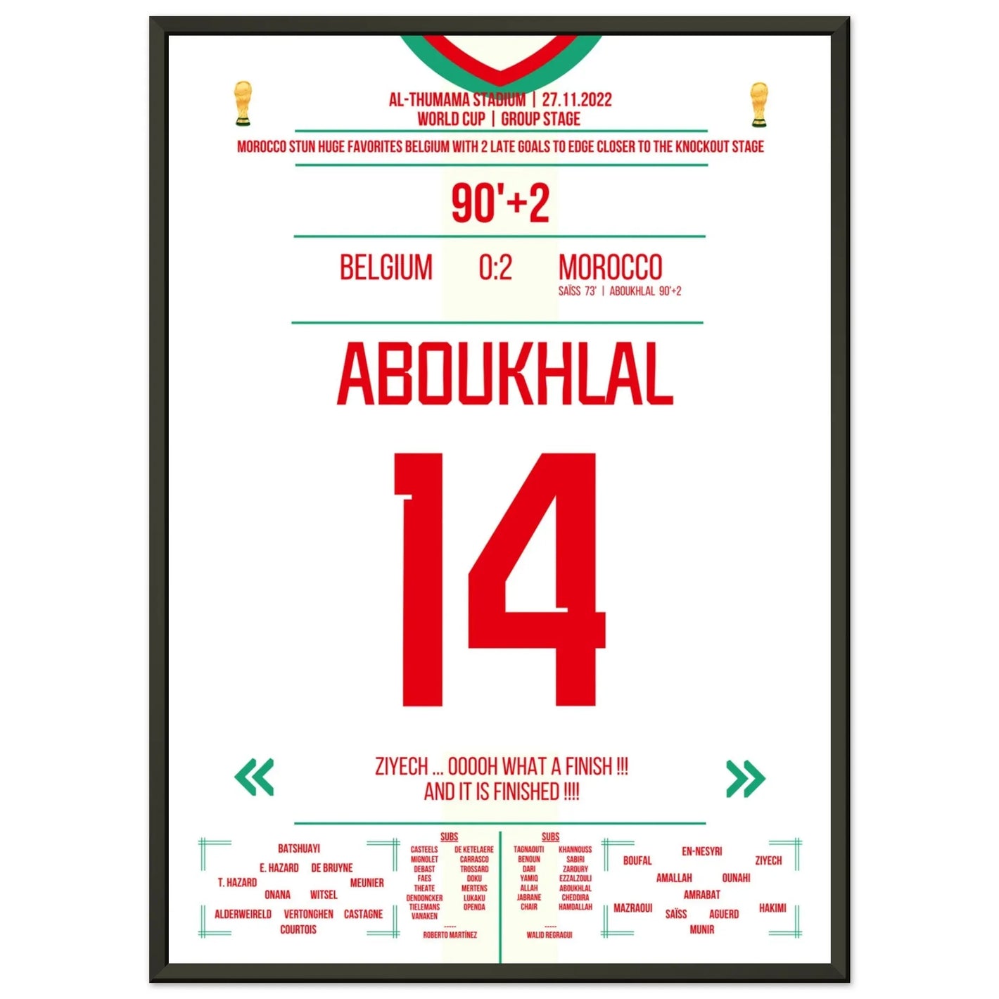 Marokkos Sieg gegen Favorit Belgien in der Gruppenphase der WM 2022 50x70-cm-20x28-Schwarzer-Aluminiumrahmen