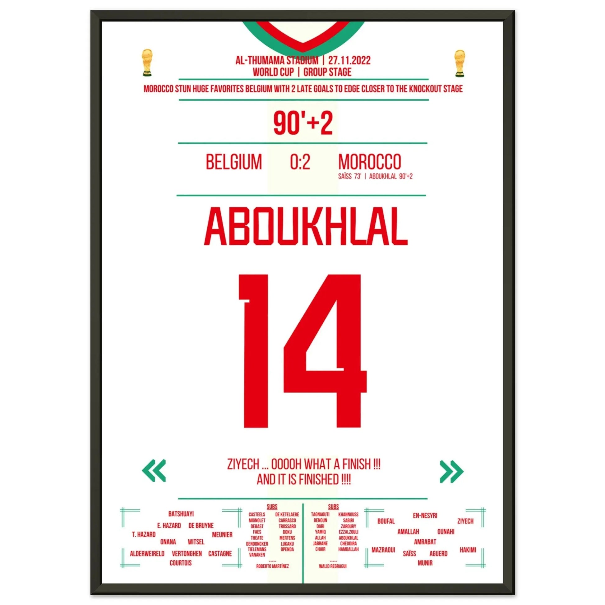 Marokkos Sieg gegen Favorit Belgien in der Gruppenphase der WM 2022 50x70-cm-20x28-Schwarzer-Aluminiumrahmen