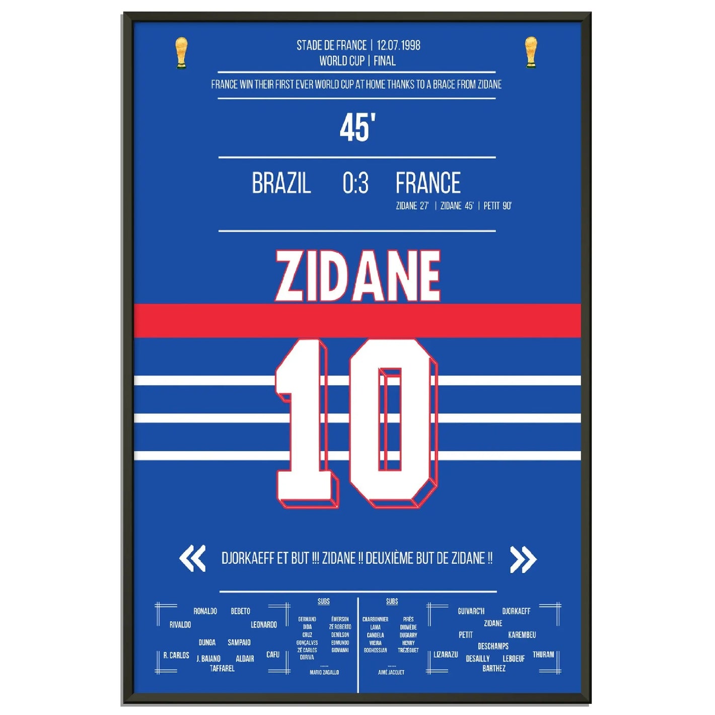 Zidane Kopfball-Doppelpack zu Frankreichs ersten WM Titel 1998 gegen Brasilien 60x90-cm-24x36-Schwarzer-Aluminiumrahmen