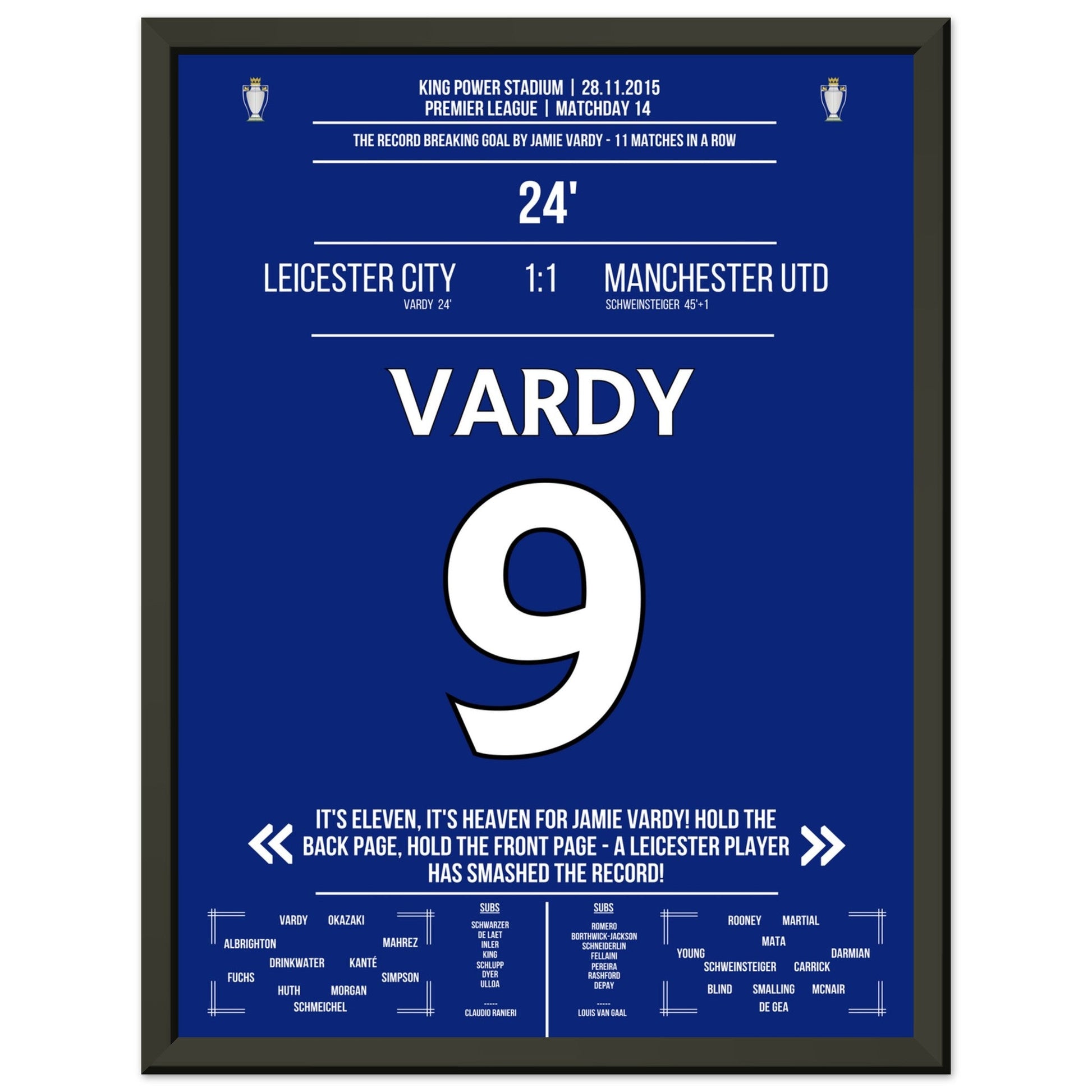 Vardy trifft im 11. Spiel in Folge und bricht den Premier League Rekord 30x40-cm-12x16-Schwarzer-Aluminiumrahmen